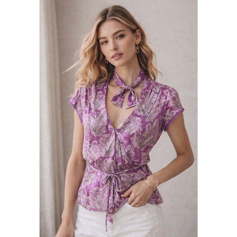 FREE PEOPLE 100% SILK PEACOCK FEATHERS PRINT BLOUSE TIE NECK FUCHSIA SZ 8 BOHO